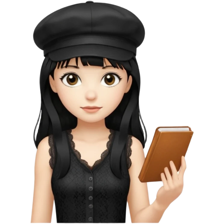 pinterst girl with heavy bang, black long hair and black color newsboy cap on her hat, wearing black color lace sleeveless  emoji
