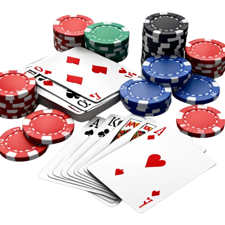 A photorealistic icon featuring playing cards, poker chips and a deck of cards spread out on a table. Bright, detailed design with realistic textures and lighting. Transparent background, clearly symbolizing card games and strategy. emoji