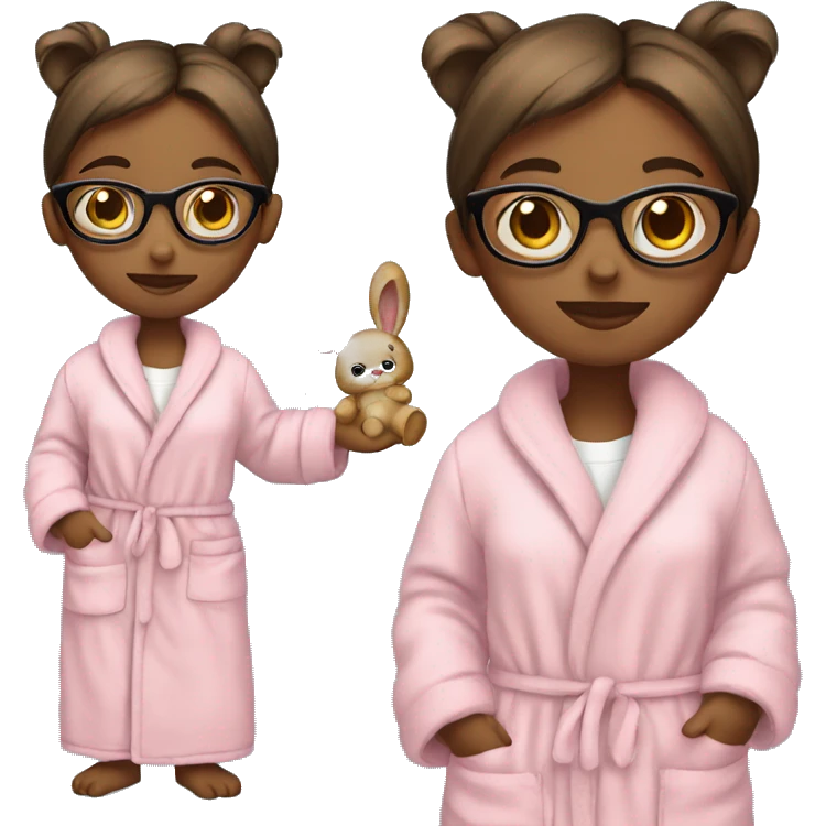 girl with glasses holding a teddy bear that’s wearing a bunny dressing gown  emoji