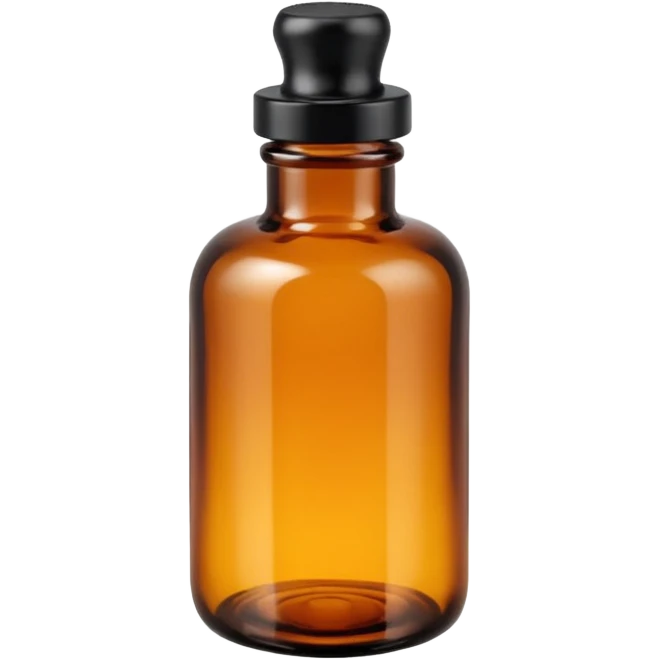small amber glass bottle with narrow neck and tightly sealed black or white screw cap, translucent glass with subtle glow, apothecary style, no label, dropper, or extras, soft lighting, subtle shadows, emoji scale emoji