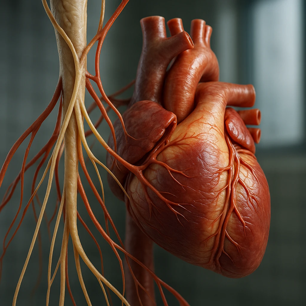 vagus nerve extending towards the heart, hyper realistic 4K style, anatomical details, clinical atmosphere emoji