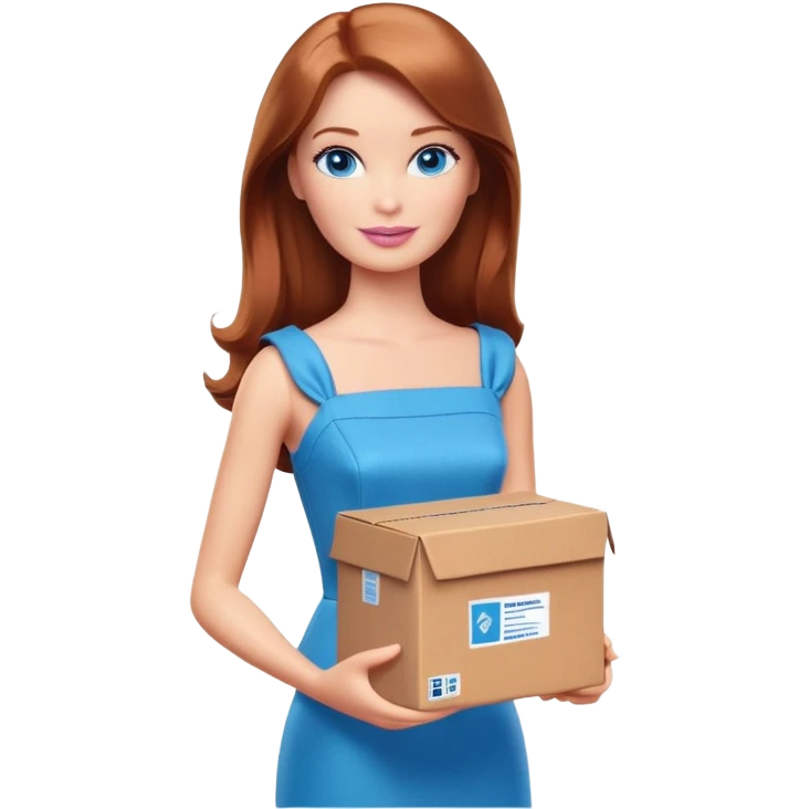 Barbie with blue eyes, shoulder-length reddish-brown hair in a brown dress holds a package box emoji