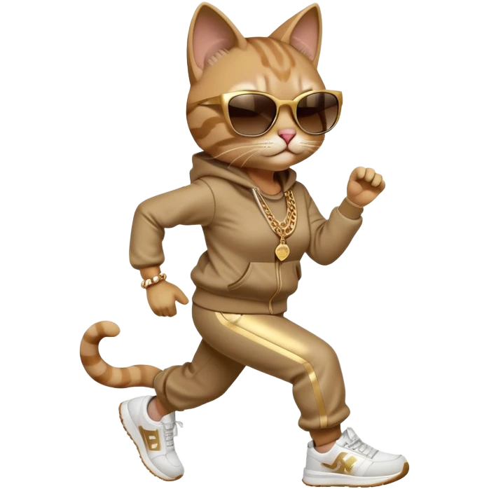 friendly anthropomorphised female cat in hip-hop Run DMC clothing, dark sunglasses, gold chains, jogging upright emoji