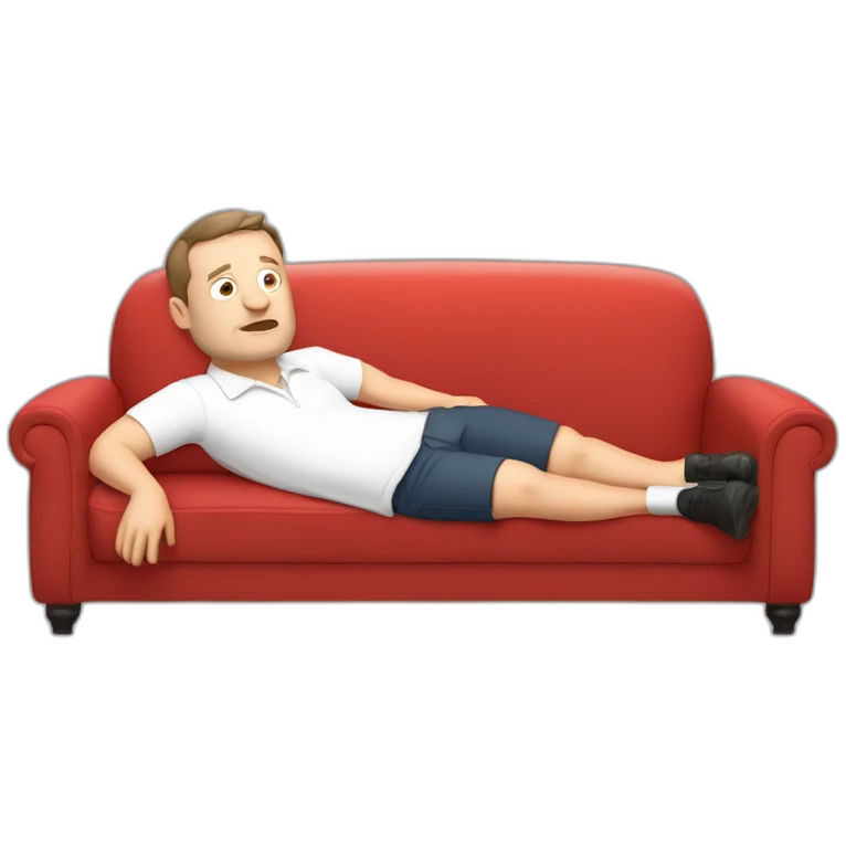 tim robinson very tired laying down on a red couch in a white polo shirt, chest up clean shaven, laying flat across couch emoji