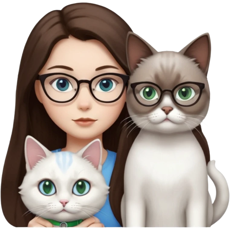 O fata cu parul saten lung ,ochii gri-albastrii ,ochelari și codițe de pisica ..și langa o pisicuță total  alba pufoasa ,cu ochii verzi și o a doua pisica siameza pufoasa cu capul maro inchis-negru și coada ,restul corpului un maro deschis spre alb  cu ochii albaștrii. emoji
