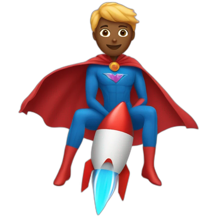 person dressed with a superhero cape but without mask is riding on a rocket emoji