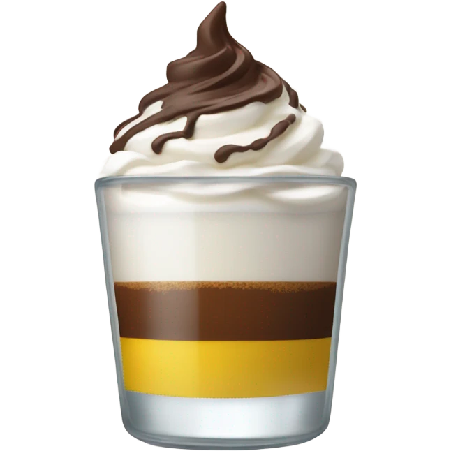 Shot glass, the liquid inside is divided in two, yellow at the bottom and coffee on top covered whit a nice spry cream and chocolate powder emoji