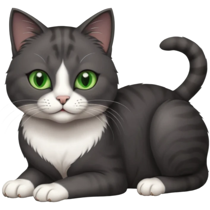 beautiful female solid dark grey cat with green eyes, white toes/paws and white patch on her chest rolling over emoji