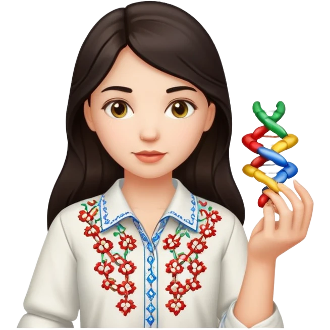 Ukrainian girl with dark hair in an embroidered traditional shirt holds a DNA molecule in her hand emoji
