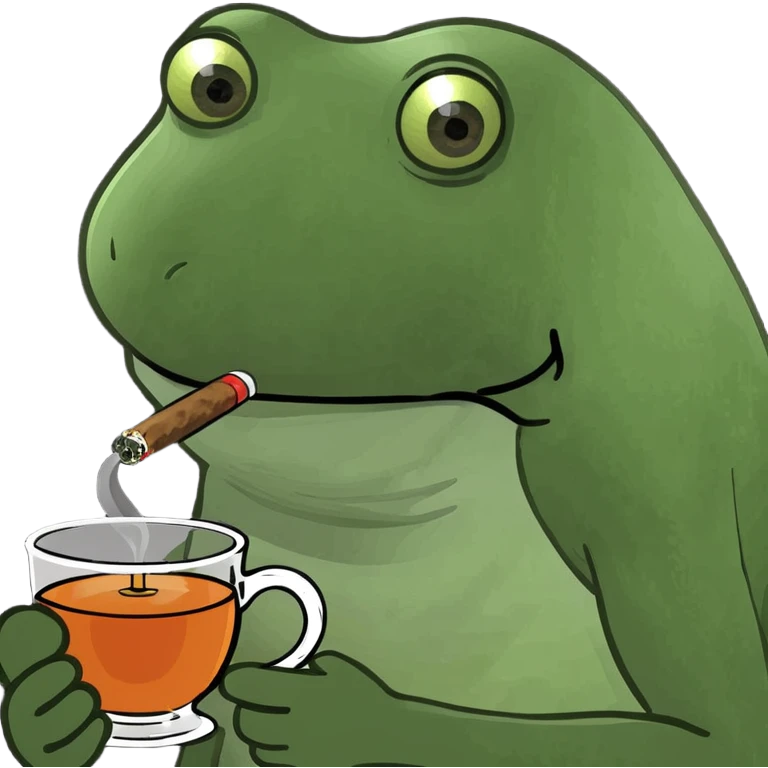 mob boss Italian frog smoking a cigar, with a stern expression, taking tea emoji