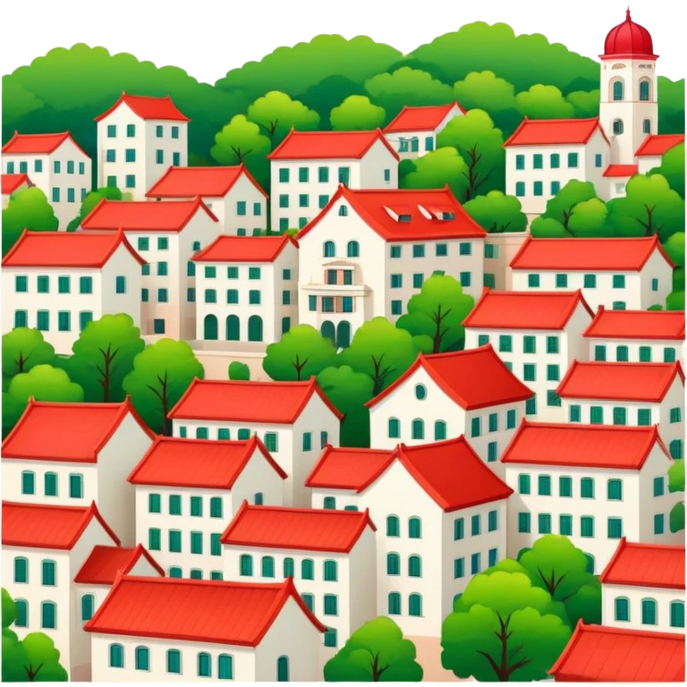Qingdao European style buildings in Badaguan area with red roof and green trees, simplified emoji style with bold outlines and bright colors, cartoon style German architecture emoji