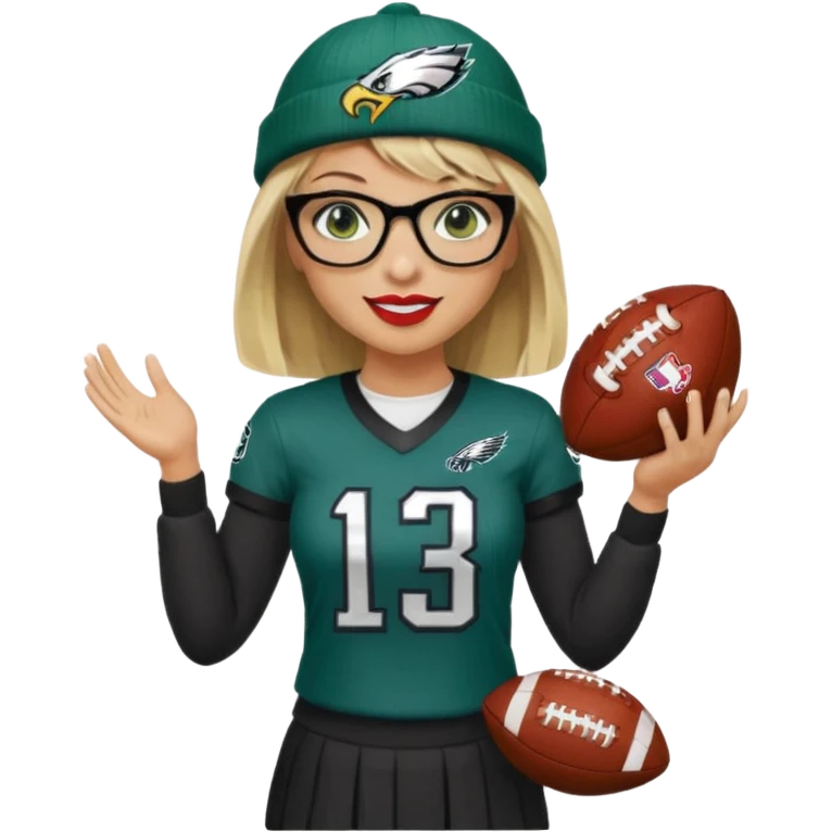 full length women wearing eagles uniform, long blonde hair, styled bangs, green eyes, black glasses, holding football, number 33, smiling, lipstick, eagles beanie emoji