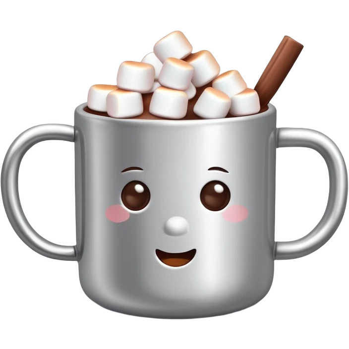 hot chocolate in a silver colored mug with marshmallows  emoji