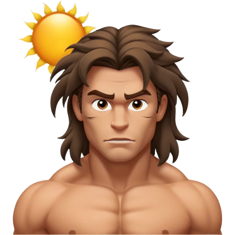 Cinematic Realistic Tarzan Portrait, depicted with lifelike, sun-kissed skin and a robust, muscular form that speaks of raw, untamed power. His piercing, soulful eyes and rugged yet gentle expression are framed by tousled hair, while a backdrop of lush jungle foliage and soft, natural lighting accentuate his primal grace and approachable strength. emoji
