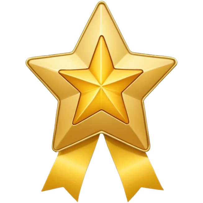 Create a gold star badge emoji in Apple emoji style with a ribbon attached to the badge. Keep the background transparent. emoji