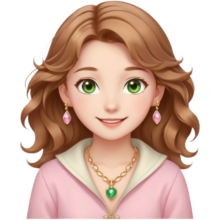Anime-style cute girl with natural wavy light brown hair, green eyes, gentle blush on cheeks, small golden jewelry, wearing pink and white clothes, smiling happily. Magical and playful vibe emoji