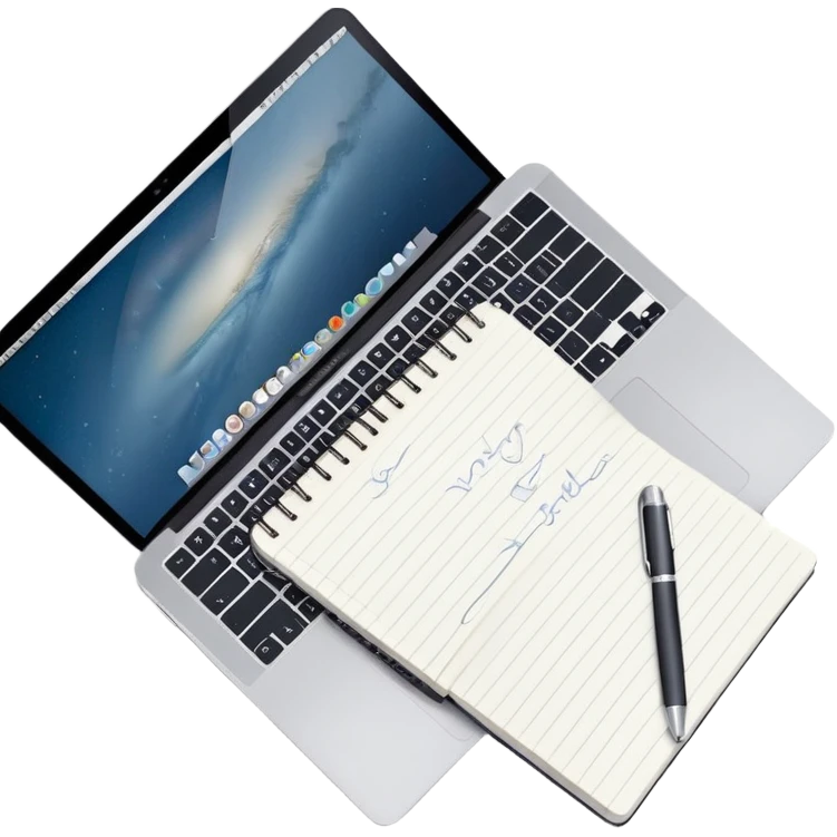 top view of a MacBook and a notebook with a pen nearby, notebook with visible notes emoji