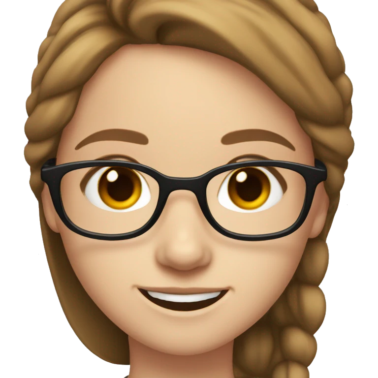 white girl with brown hair, brown eyes, with glasses, smiling and blinking emoji