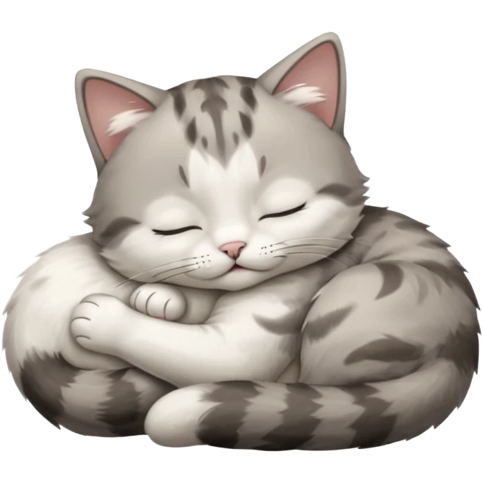 grey and white small cat with its eyes closed lying down with its paw curled and holding up his head emoji
