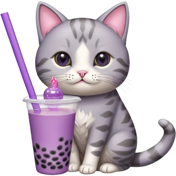 a cat drinking from a mini purple bubble tea cup, cat and bubble tea are different separate figures emoji