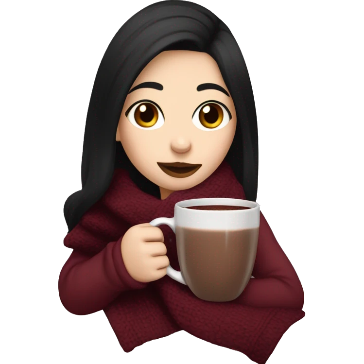 girl with black hair sipping on a mug of hot chocolate, pale skin, a burgundy blanket wrapped around her shoulders emoji