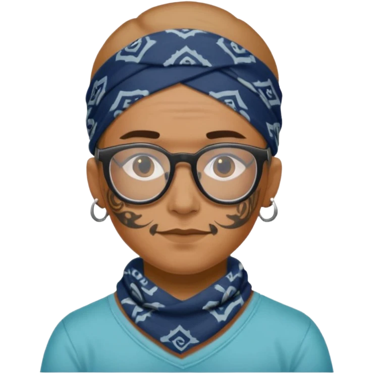 character with bandana and glasses and tattoed emoji