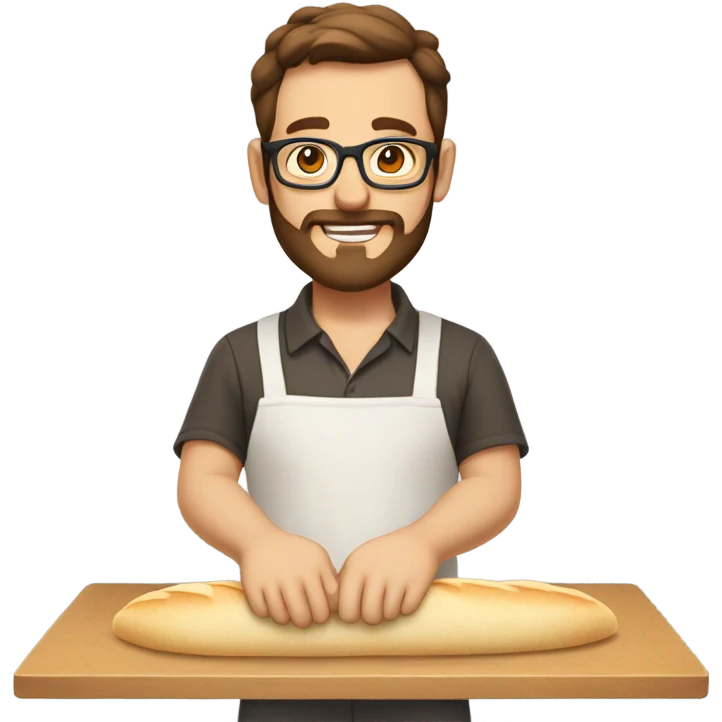 Caucasian Man with brown hair and beard with glasses making bread dough emoji