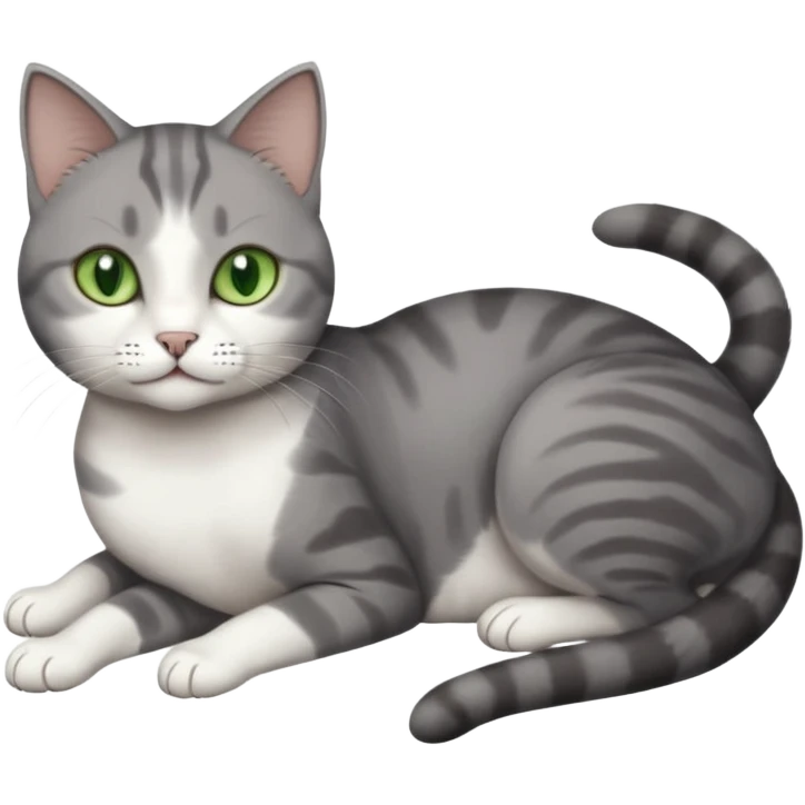 full body tiny short hair dark grey and white cat with white front legs and green eyes lying down emoji