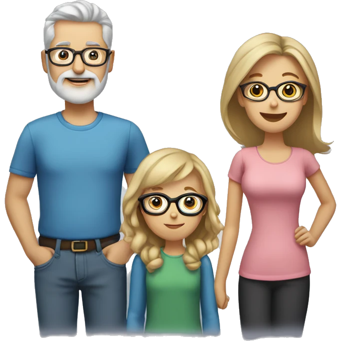 family photo of mom with gray hair and glasses, dad with blonde hair, blonde beard and glasses, daughter with brown hair, daughter with brown hair emoji
