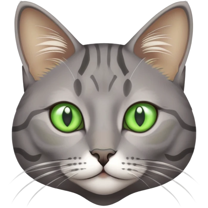grey cat with tabby markings, small close-set bright green eyes emoji