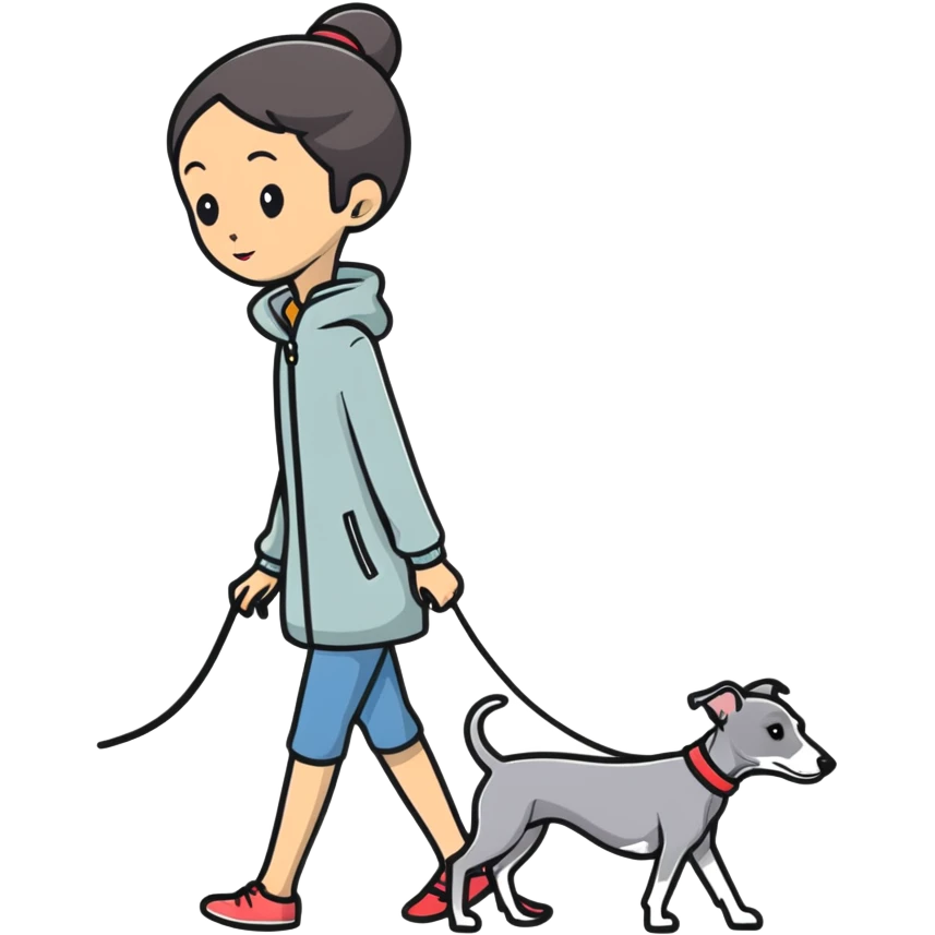 Asian girl walking an all grey Italian greyhound with no white nose, completely grey dog emoji
