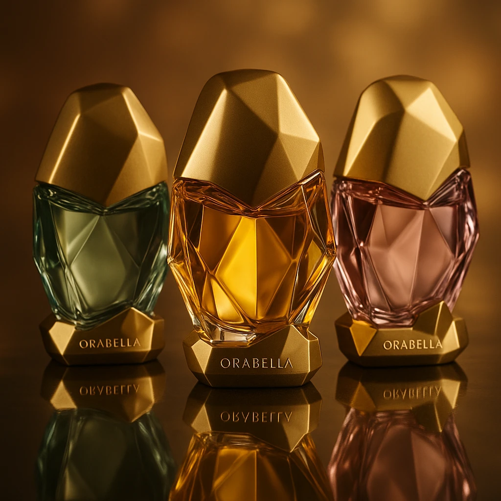 Create a cinematic, realistic 3D rendering of the Orabella fragrance bottle, matching the real design and colors, placed on a reflective surface with a sophisticated atmosphere. Emphasize reflections and luxury ambiance. emoji