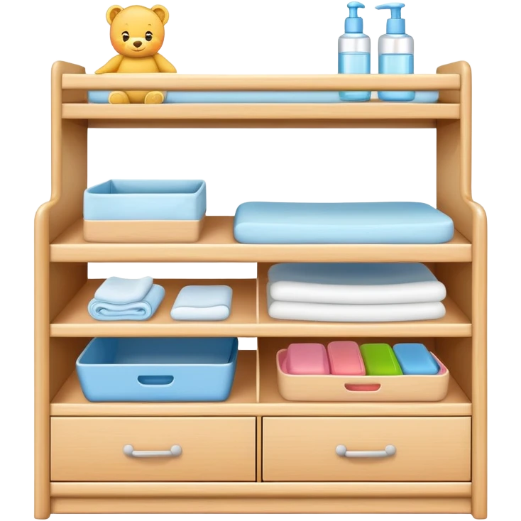 baby changing table set with drawers, shelves, changing pad, and baby care accessories emoji