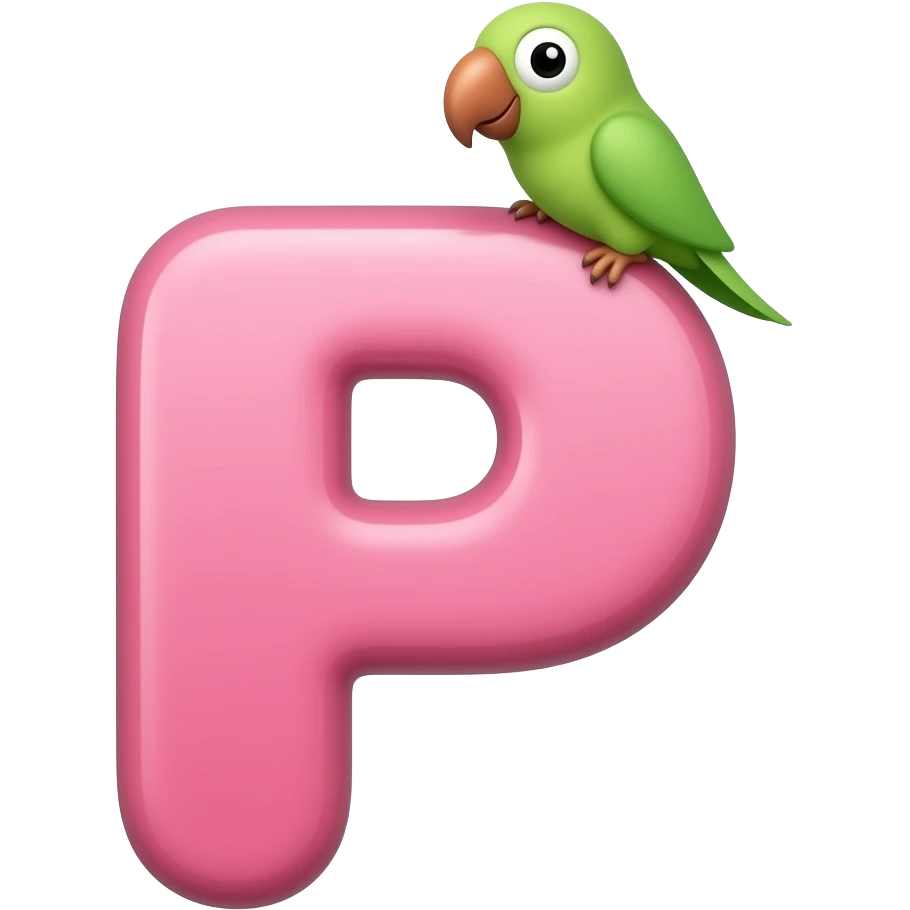 a pink letter P having a small  green parrot on its  top. emoji