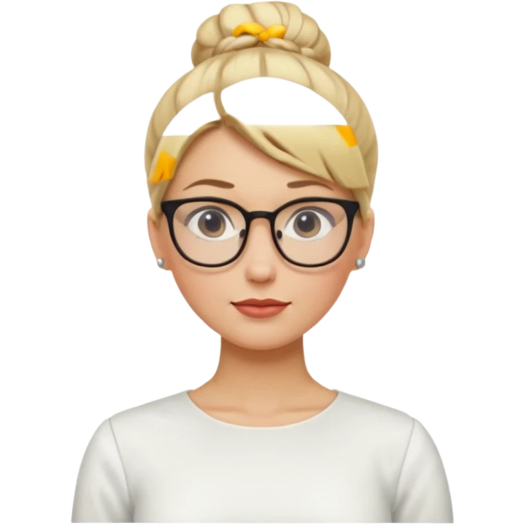 Blonde Women with Bun, Office Woman – tight blonde high bun, glasses, white blouse, confident look, dress, big breasts emoji
