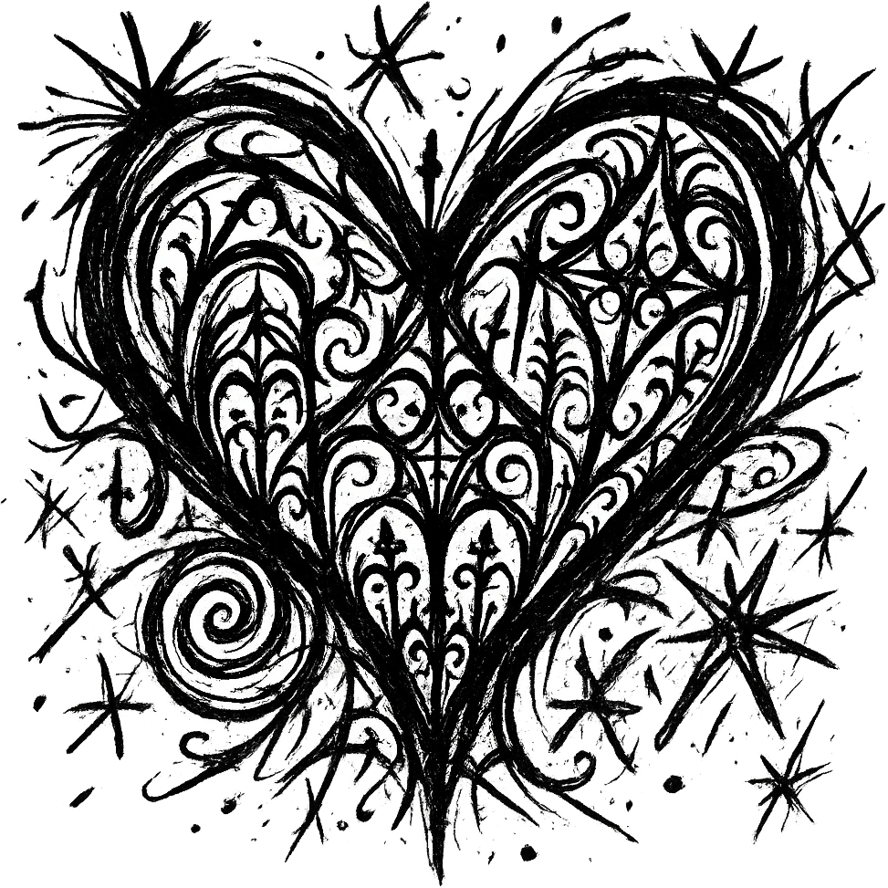 Add intricate gothic patterns to the black goth heart in a chaotic icon style, incorporating detailed and complex gothic motifs with a chaotic artistic flair. emoji