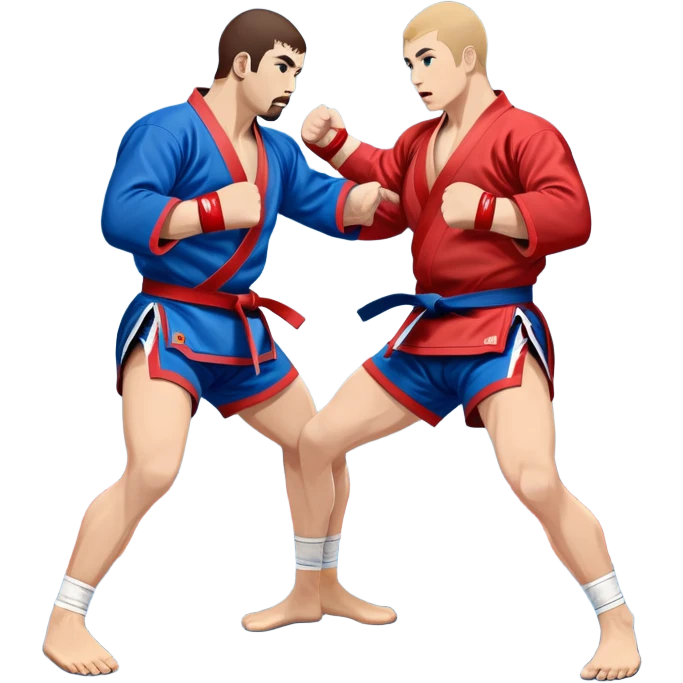 Two Sambo fighters in blue and red kimonos, with shorts and wrestling shoes, performing grappling and throwing techniques. The background shows a wrestling mat and an intense, focused atmosphere. Transparent background highlights the fluidity and skill of the sport without strikes. emoji