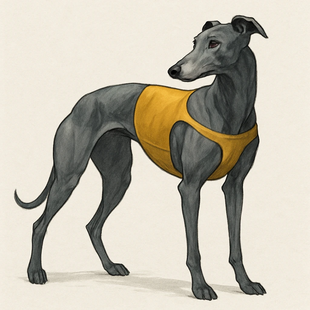 grey greyhound, full body, looking to the side, racing dog, semi-realistic illustration emoji