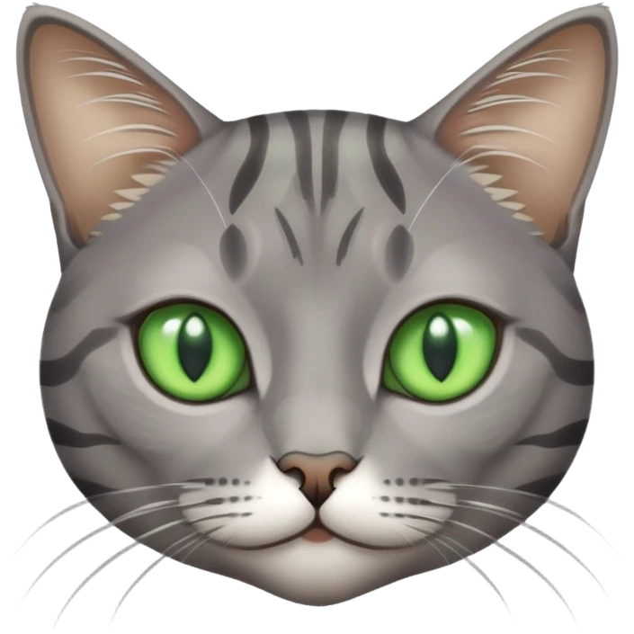 grey cat with tabby markings, small close-set bright green eyes emoji