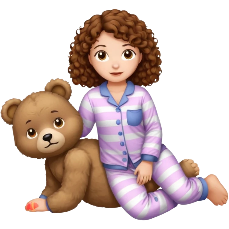 Grown up Woman with brown eyes, brown curly hair, white skin, full body in cute pijama bear emoji