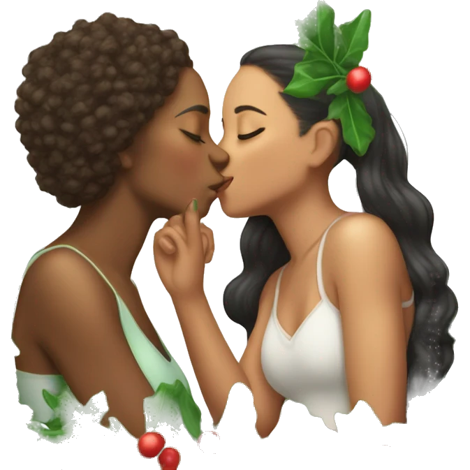 One lightskin girl and one brownskin girl kissing under mistletoe  emoji