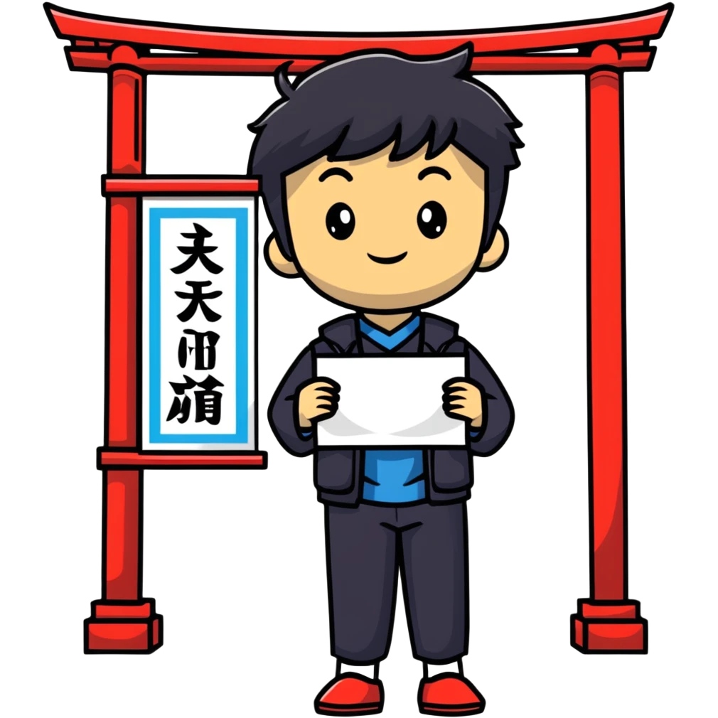 Japanese high school boy welcoming visitors with poster at cultural festival entrance emoji