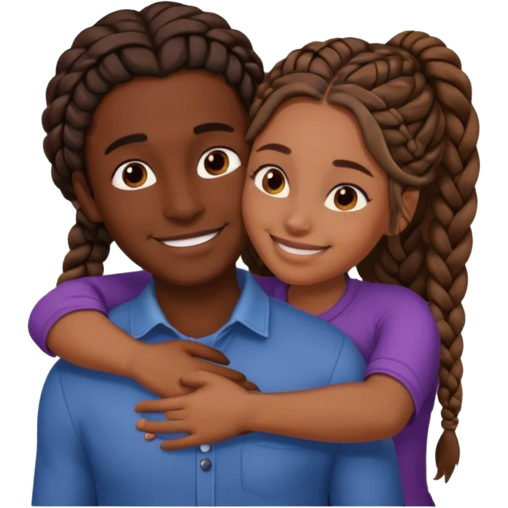dark skin girlfriend with braids hugs brown skin boyfriend with long hair  emoji