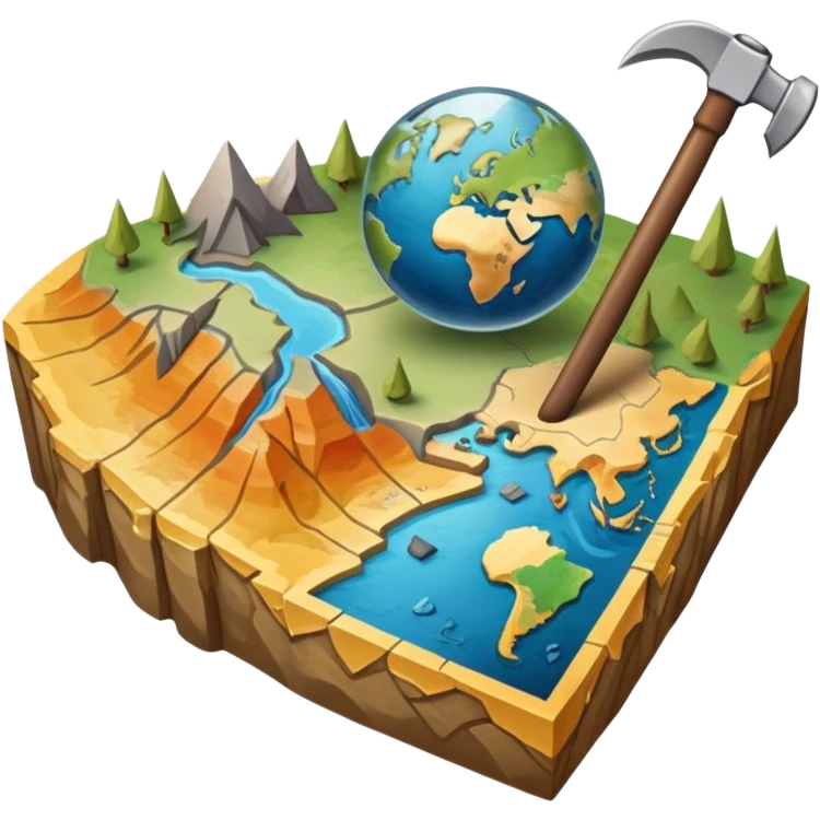 An icon featuring a pickaxe and a geological map, and layers of Earth’s crust, symbolizing geology. The design includes mineral samples, fossils, and tectonic plates, representing the study of Earth’s structure and natural processes. Transparent background highlights geological exploration emoji