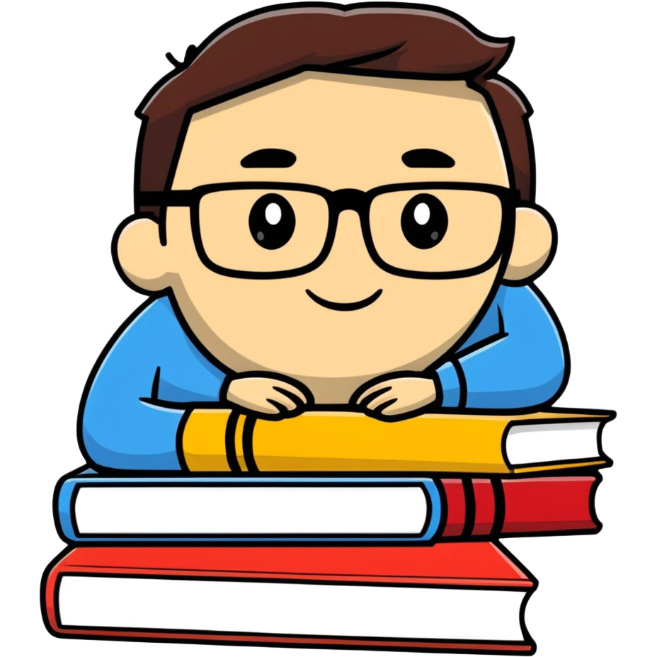 cartoon sticker of an intellectual person with glasses and a stack of books emoji