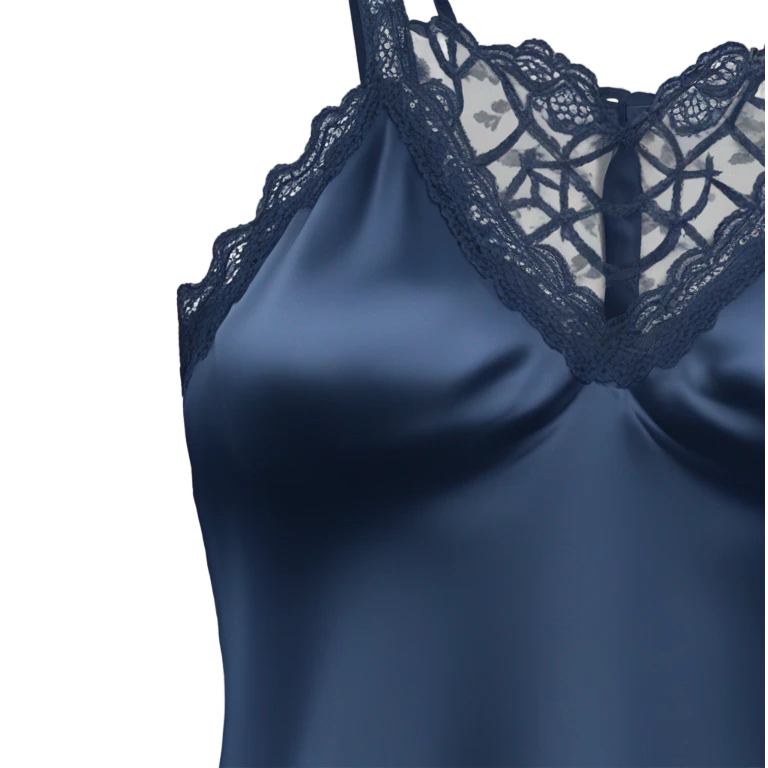 Realistic isolated side view of a navy blue lace silk camisole blouse. emoji