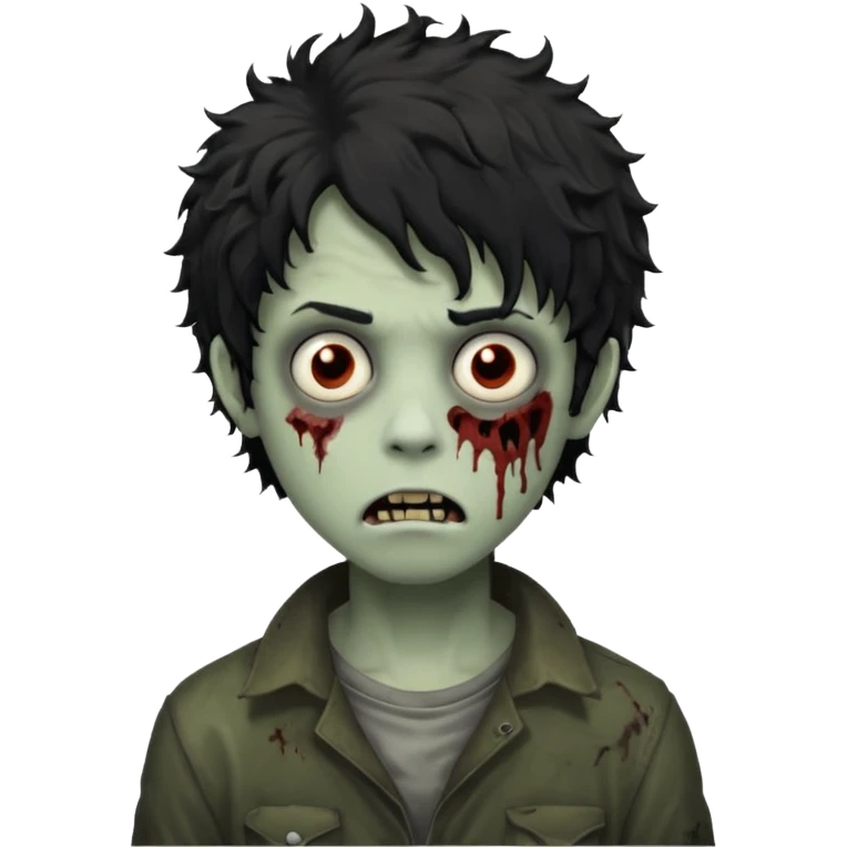 Boy, zombie, black and curly hair, medium long, emo, shaggy, dark, spooky, creepy expression emoji