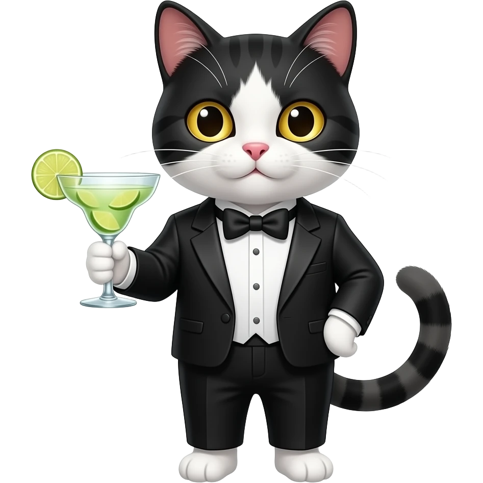 Tuxedo cat with gold eyes holding a margarita emoji