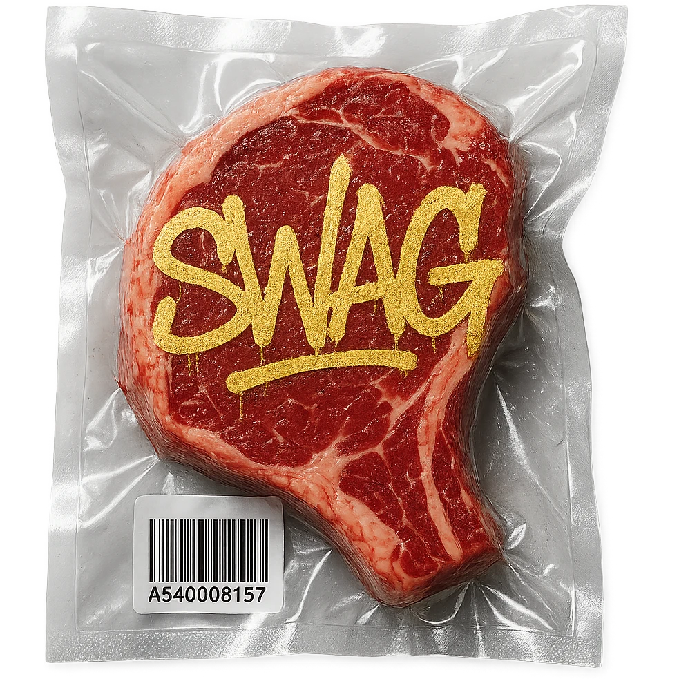 steak with gold graffiti-style 'SWAG' text, glossy, vacuum-sealed style emoji
