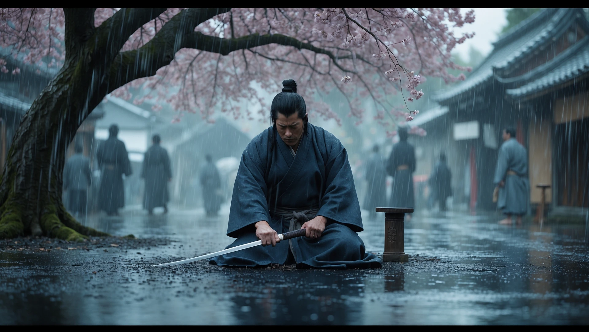 A cinematic scene from 1185, motion blur, wide shot of Kenji sharpening his blade under a cherry tree, rain falls, symmetrical, gray-blue palette, tense, Arri Alexa, Wes Anderson. emoji